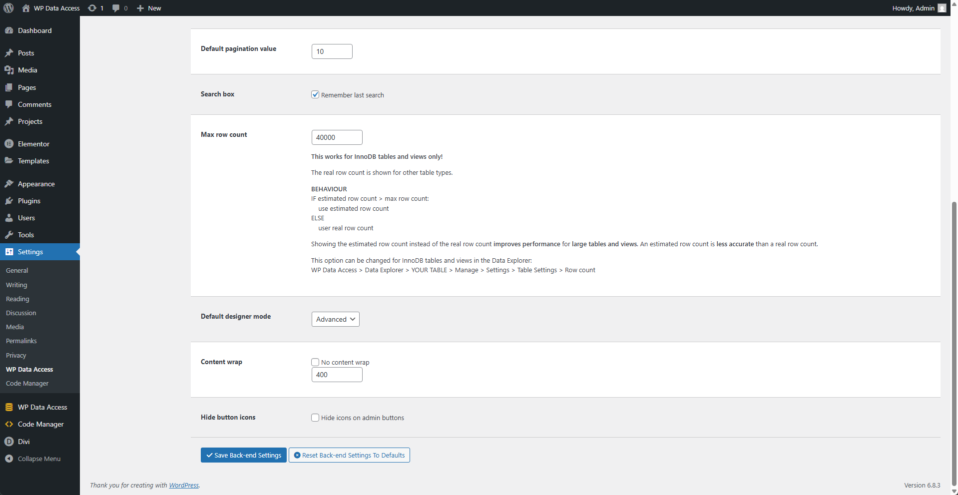 Plugin Settings - Legacy Tools - Back-end