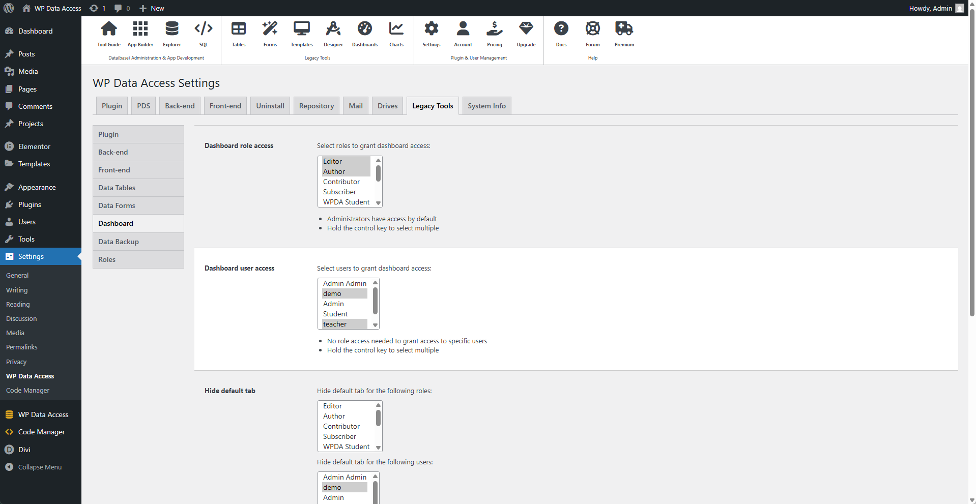 Plugin Settings - Legacy Tools - Dashboard