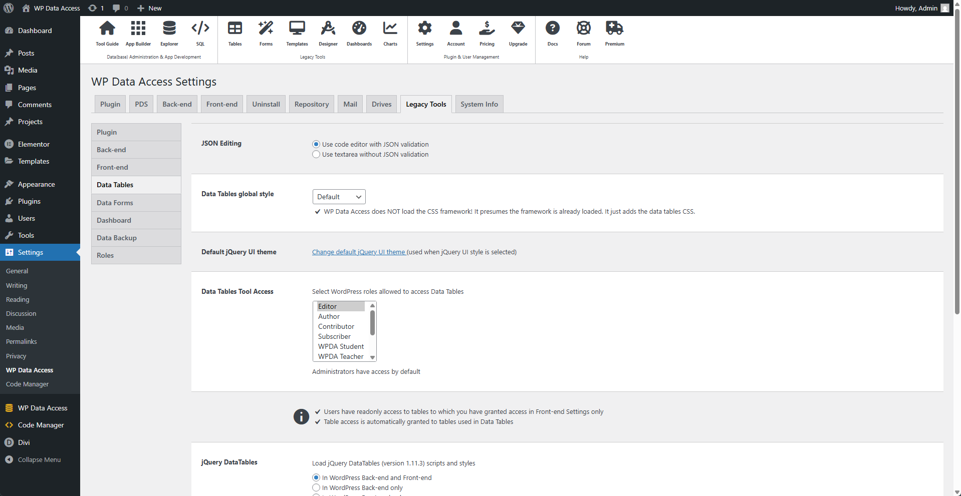 Plugin Settings - Legacy Tools - Data Tables