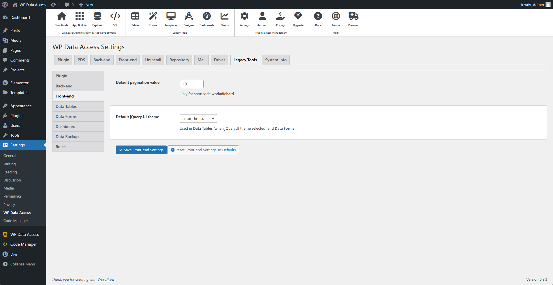 Plugin Settings - Legacy Tools - Front-end