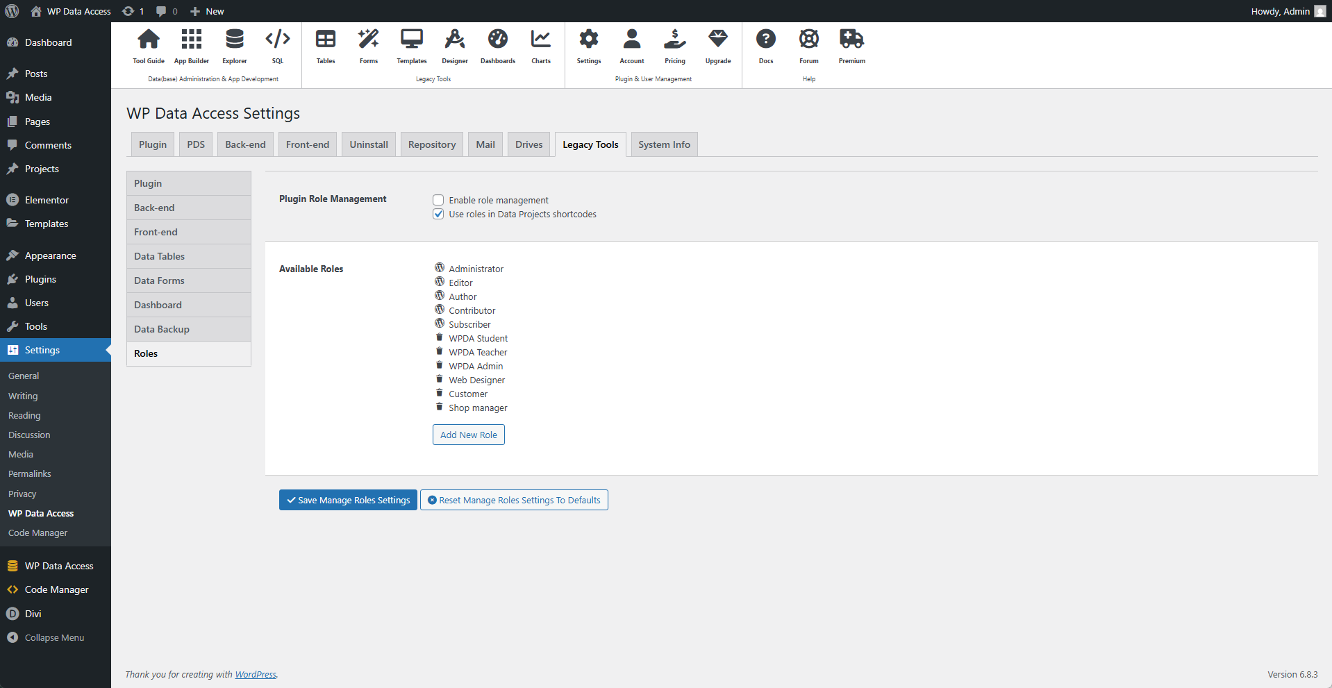 Plugin Settings - Legacy Tools - Roles